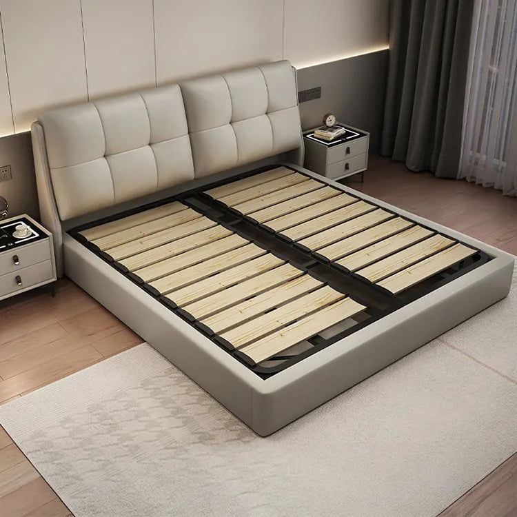 Bed Khaki Beige Light gray Dark gray Cowhide Leather Pine Solid wood Multi-layer board Synthetic leather fxbl-6384