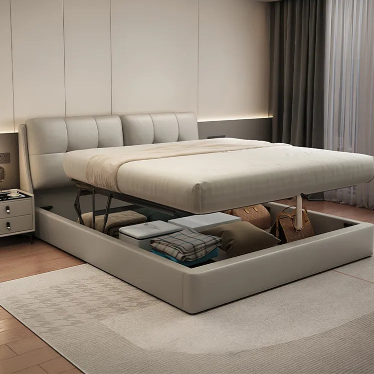 Bed Khaki Beige Light gray Dark gray Cowhide Leather Pine Solid wood Multi-layer board Synthetic leather fxbl-6384