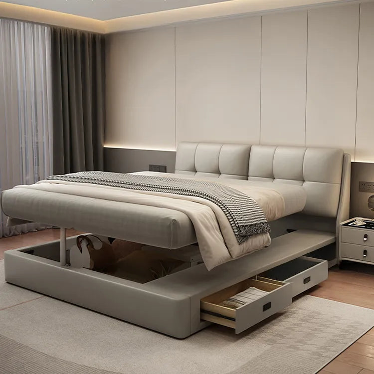 Bed Khaki Beige Light gray Dark gray Cowhide Leather Pine Solid wood Multi-layer board Synthetic leather fxbl-6384