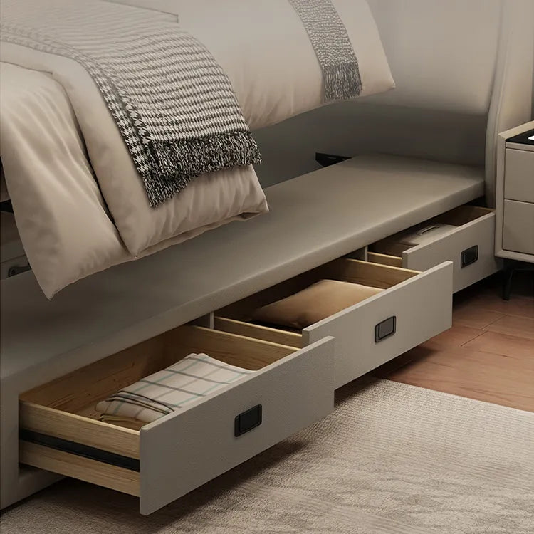 Bed Khaki Beige Light gray Dark gray Cowhide Leather Pine Solid wood Multi-layer board Synthetic leather fxbl-6384