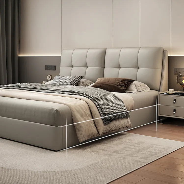 Bed Khaki Beige Light gray Dark gray Cowhide Leather Pine Solid wood Multi-layer board Synthetic leather fxbl-6384
