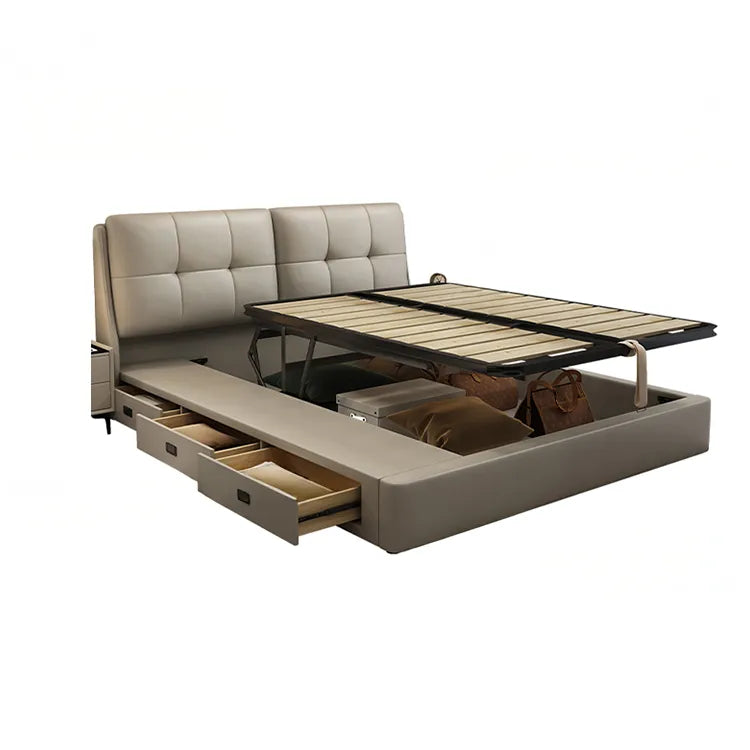 Bed Khaki Beige Light gray Dark gray Cowhide Leather Pine Solid wood Multi-layer board Synthetic leather fxbl-6384