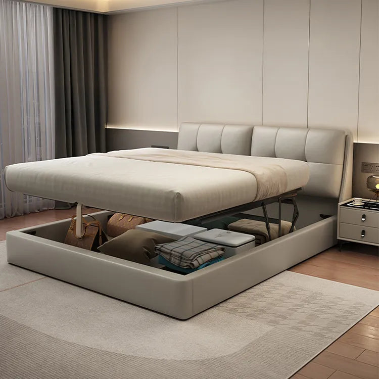 Bed Khaki Beige Light gray Dark gray Cowhide Leather Pine Solid wood Multi-layer board Synthetic leather fxbl-6384