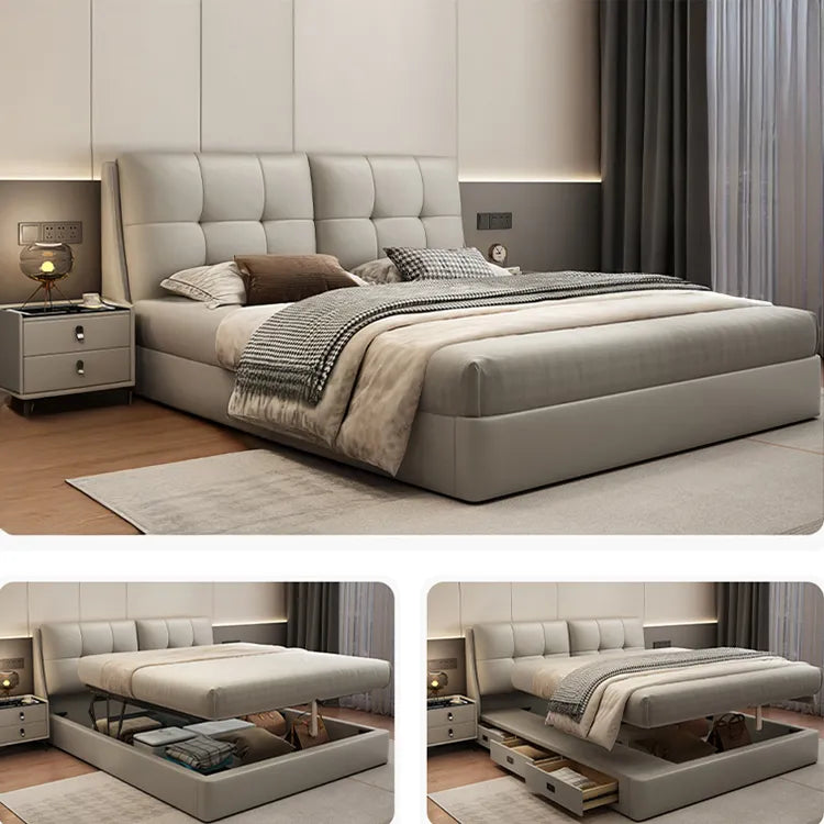 Bed Khaki Beige Light gray Dark gray Cowhide Leather Pine Solid wood Multi-layer board Synthetic leather fxbl-6384