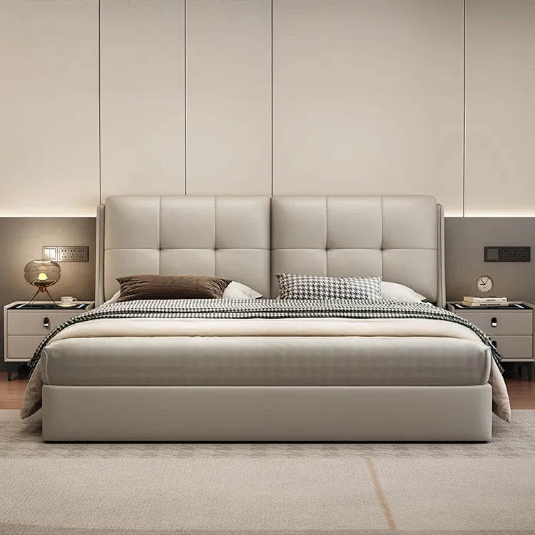 Bed Khaki Beige Light gray Dark gray Cowhide Leather Pine Solid wood Multi-layer board Synthetic leather fxbl-6384