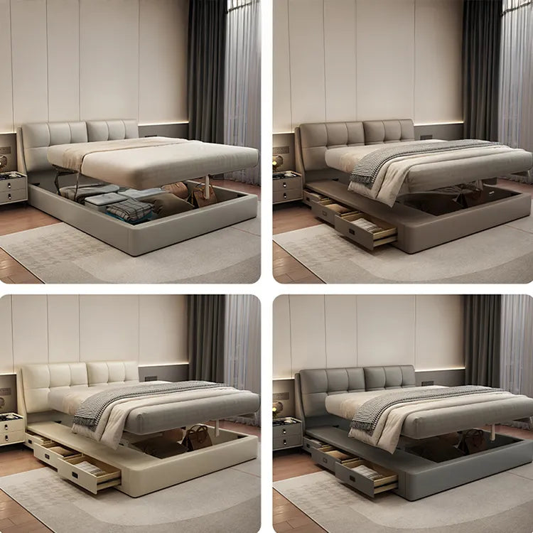 Bed Khaki Beige Light gray Dark gray Cowhide Leather Pine Solid wood Multi-layer board Synthetic leather fxbl-6384