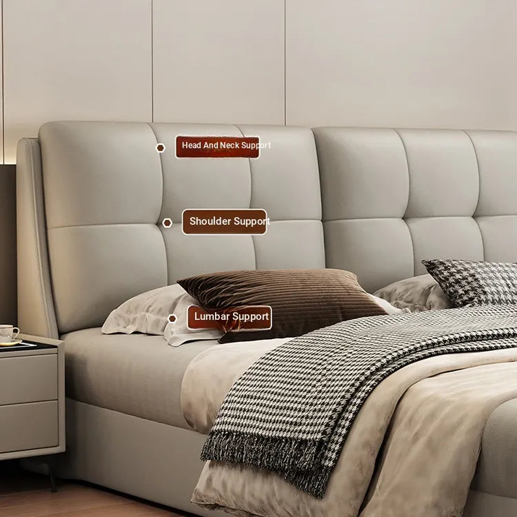 Bed Khaki Beige Light gray Dark gray Cowhide Leather Pine Solid wood Multi-layer board Synthetic leather fxbl-6384