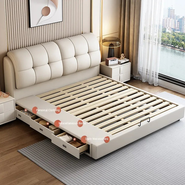 Bed Beige Blue Synthetic leather Solid wood Multi-layer board fxbl-6386