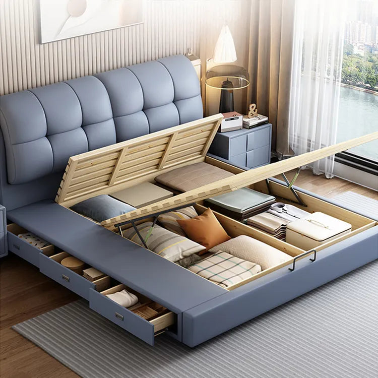 Bed Beige Blue Synthetic leather Solid wood Multi-layer board fxbl-6386