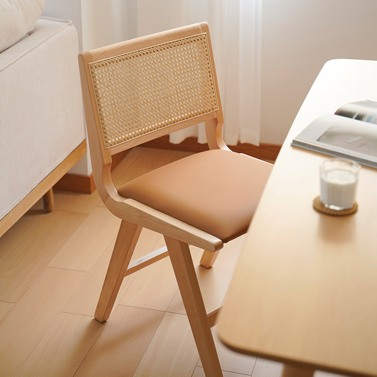 Mid-Century Modern Beech Wood & Rattan Dining Chair with Brown PU Leather Seat fxgmz-592