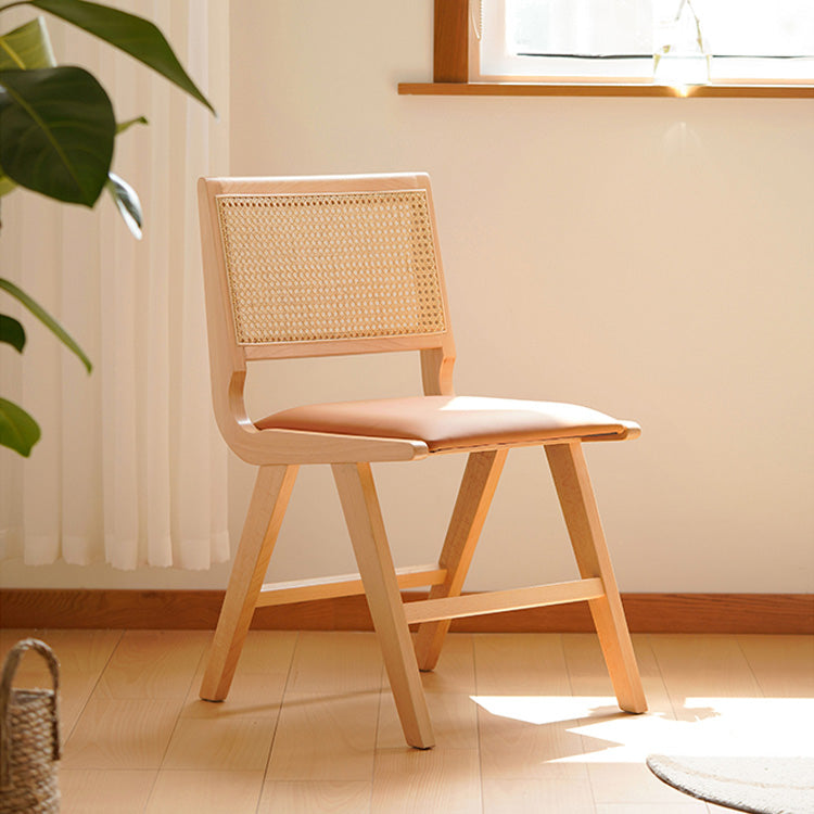 Mid-Century Modern Beech Wood & Rattan Dining Chair with Brown PU Leather Seat fxgmz-592