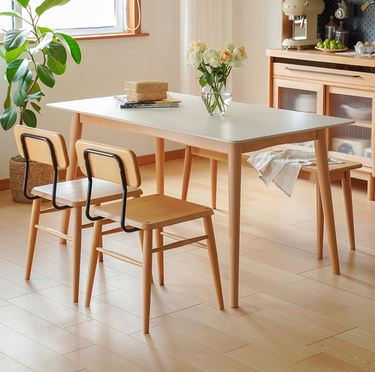 Elegant White Natural Wood Dining Table with Durable Sintered Stone Top & Sturdy Beech Wood Multi-Layer Board fxgmz-598