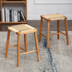 Handcrafted Cherry Wood Stool with Rattan Seat and Linen Cushion fyg-662