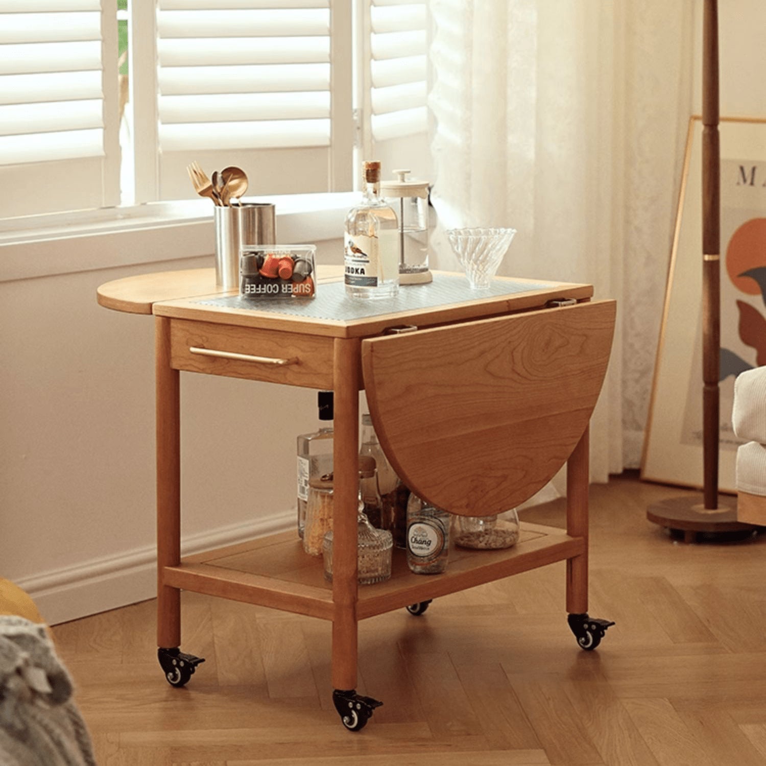 Stylish Light Oak Wood Tea Table with Metal and Nylon Accents - Natural Brown Finish fyg-666