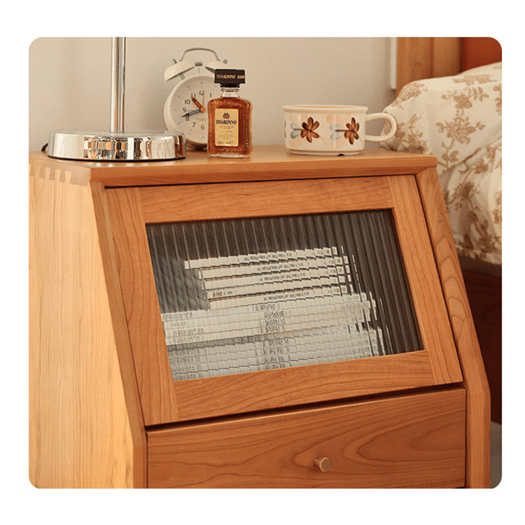 Elegant Cherry Wood Bedside Cupboard with Glass and Rattan Accents fyg-676