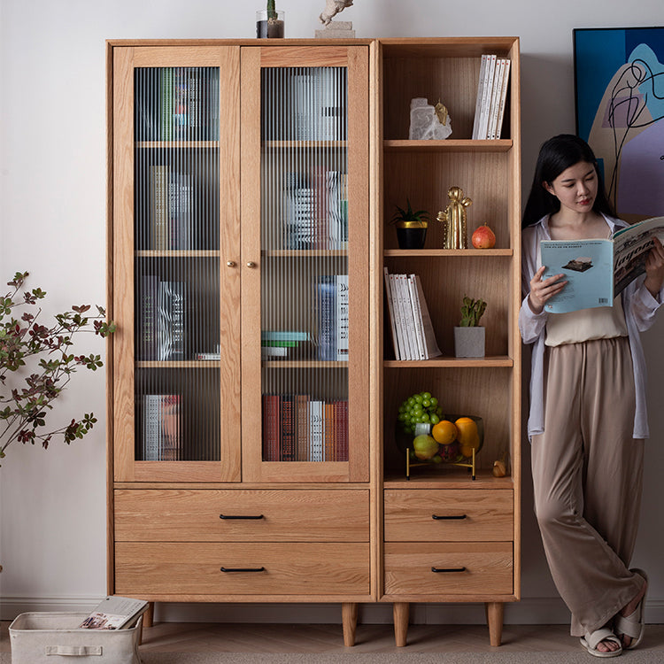Elegant Brown Cherry and Paulownia Wood Cabinet with Glass and Metal Accents fyx-857