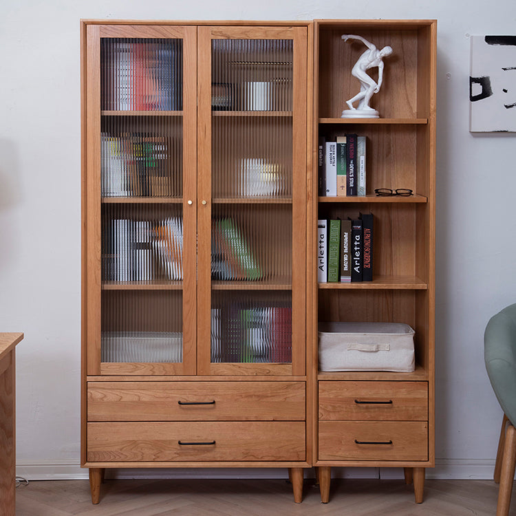Elegant Brown Cherry and Paulownia Wood Cabinet with Glass and Metal Accents fyx-857