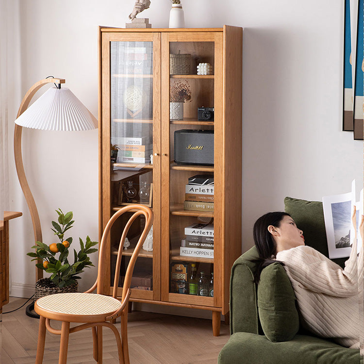 Elegant Cherry Wood Cabinet with Tempered Glass and Copper Accents fyx-861