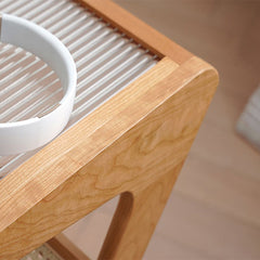 Elegant Cherry Wood and Glass Tea Table with Rattan Accents - Natural Finish fyx-875