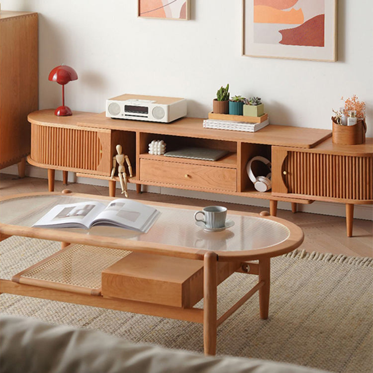 Elegant Cherry Wood and Glass Tea Table with Rattan Accents fyx-877
