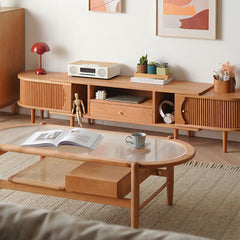 Elegant Cherry Wood and Glass Tea Table with Rattan Accents fyx-877