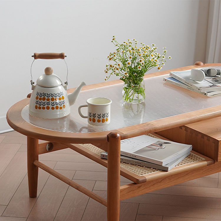 Elegant Cherry Wood and Glass Tea Table with Rattan Accents fyx-877