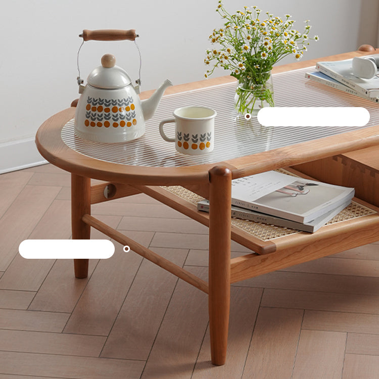 Elegant Cherry Wood and Glass Tea Table with Rattan Accents fyx-877