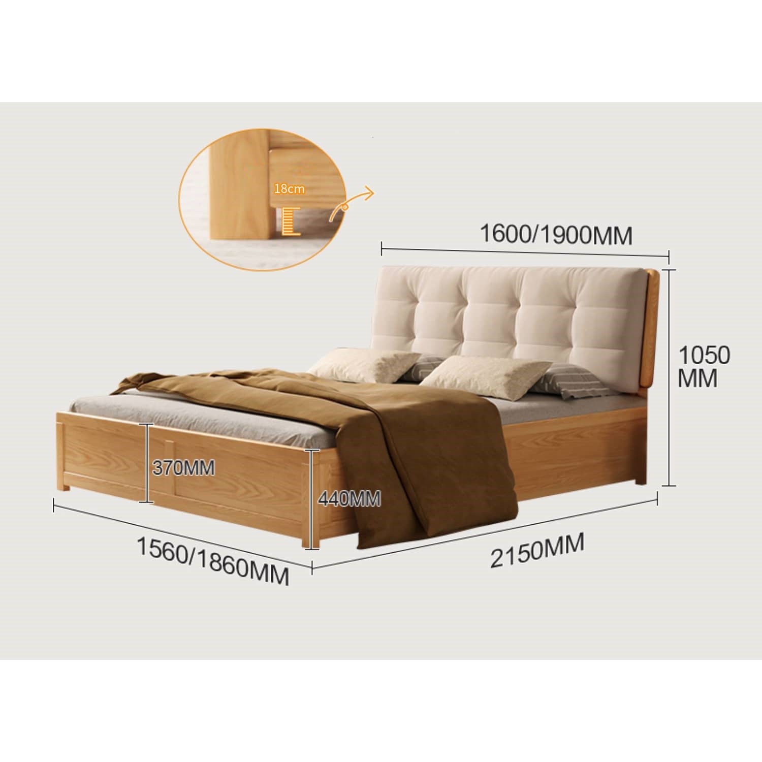 Luxurious Off White Bed with Oak Wood Frame and Goose Down Fill - Scratch-Resistant Fabric Finish hbzwg-632