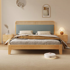 Stylish Blue and Yellow Synthetic Leather Bed with Pine and Oak Wood Elements hbzwg-636