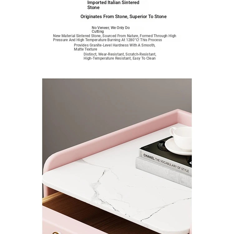 Stylish Pink and Cream Nightstand with Sintered Stone Top and Faux Leather Accents - Modern Bedroom Storage Solution hjd-3145