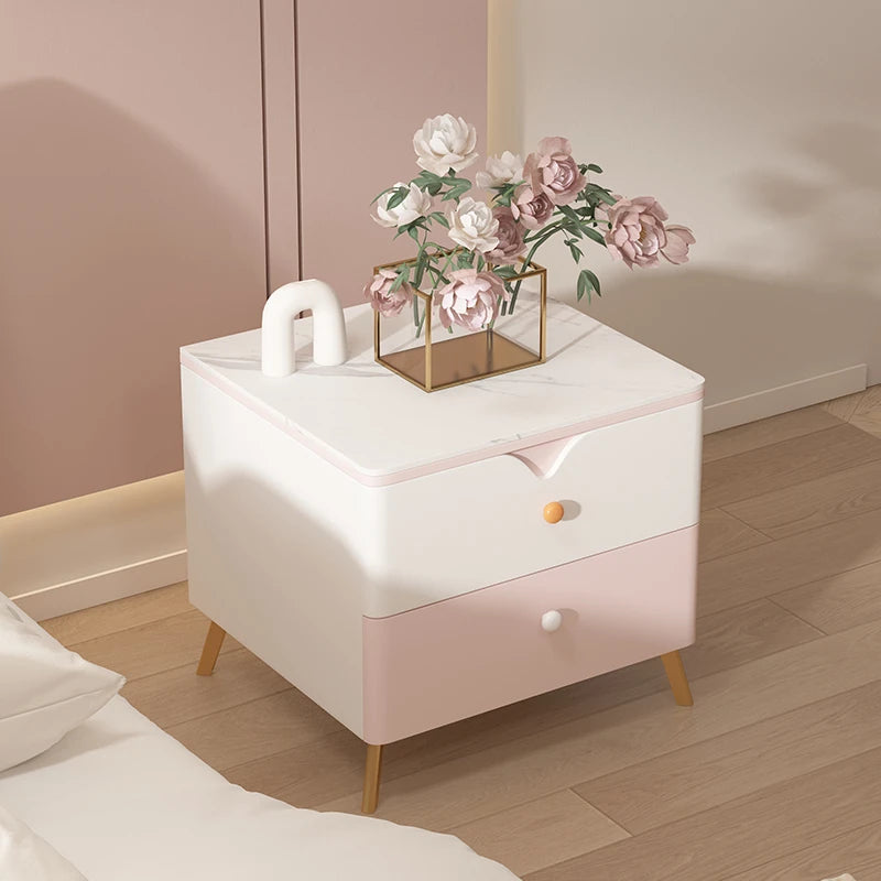 Chic Sintered Stone Nightstand with Faux Leather Finish – Modern Two-Drawer Bedside Table in Pink and White hjd-3146
