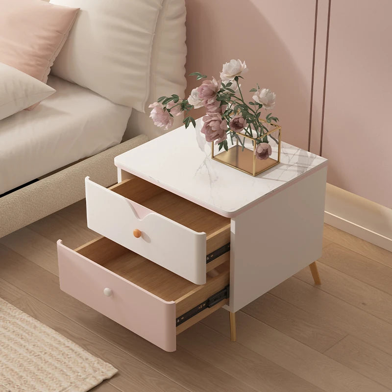 Chic Sintered Stone Nightstand with Faux Leather Finish – Modern Two-Drawer Bedside Table in Pink and White hjd-3146