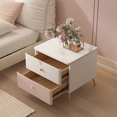 Chic Sintered Stone Nightstand with Faux Leather Finish – Modern Two-Drawer Bedside Table in Pink and White hjd-3146