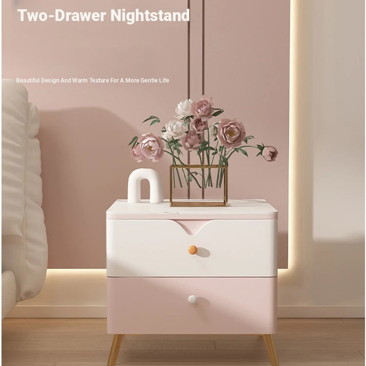 Chic Sintered Stone Nightstand with Faux Leather Finish – Modern Two-Drawer Bedside Table in Pink and White hjd-3146