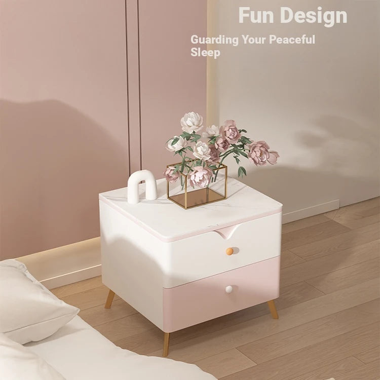 Chic Sintered Stone Nightstand with Faux Leather Finish – Modern Two-Drawer Bedside Table in Pink and White hjd-3146