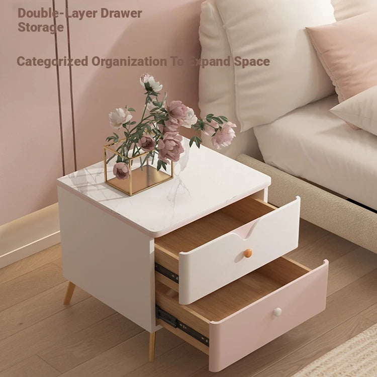 Chic Sintered Stone Nightstand with Faux Leather Finish – Modern Two-Drawer Bedside Table in Pink and White hjd-3146