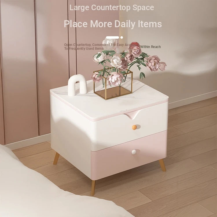 Chic Sintered Stone Nightstand with Faux Leather Finish – Modern Two-Drawer Bedside Table in Pink and White hjd-3146