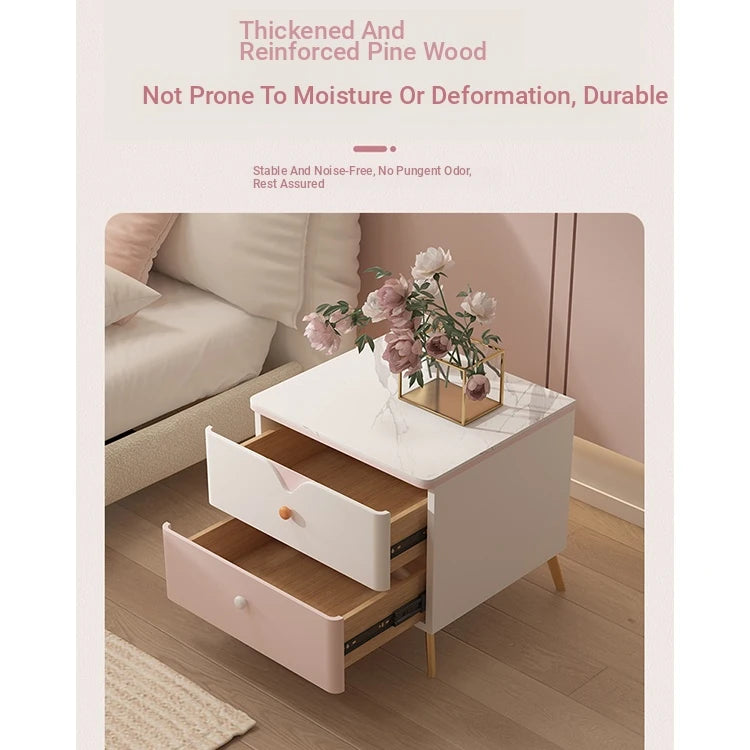 Chic Sintered Stone Nightstand with Faux Leather Finish – Modern Two-Drawer Bedside Table in Pink and White hjd-3146