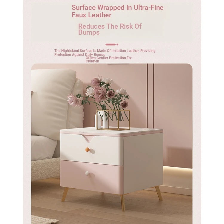 Chic Sintered Stone Nightstand with Faux Leather Finish – Modern Two-Drawer Bedside Table in Pink and White hjd-3146