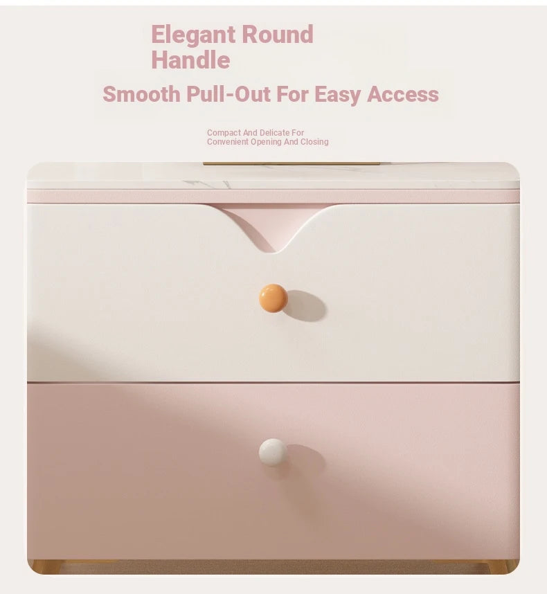 Chic Sintered Stone Nightstand with Faux Leather Finish – Modern Two-Drawer Bedside Table in Pink and White hjd-3146
