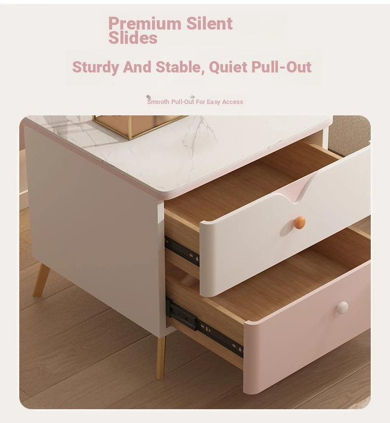 Chic Sintered Stone Nightstand with Faux Leather Finish – Modern Two-Drawer Bedside Table in Pink and White hjd-3146