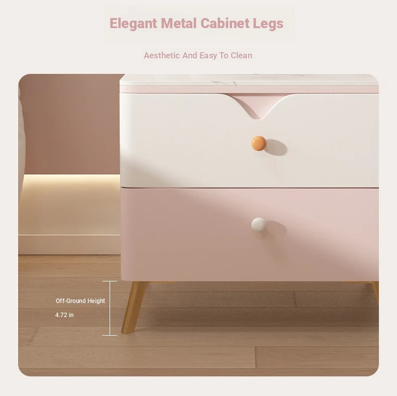 Chic Sintered Stone Nightstand with Faux Leather Finish – Modern Two-Drawer Bedside Table in Pink and White hjd-3146