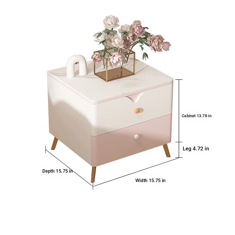 Chic Sintered Stone Nightstand with Faux Leather Finish – Modern Two-Drawer Bedside Table in Pink and White hjd-3146