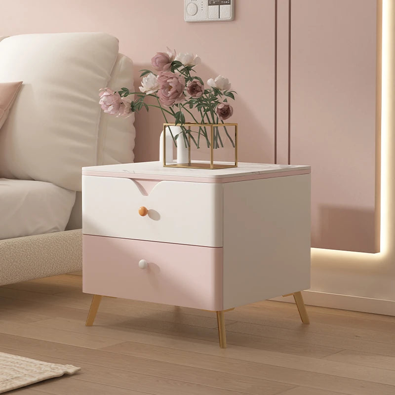 Chic Sintered Stone Nightstand with Faux Leather Finish – Modern Two-Drawer Bedside Table in Pink and White hjd-3146
