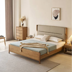 Stylish Gray & Brown Bed with Ash, Rubber, and Pine Wood Frame, Featuring Luxurious Faux Leather Details hjhms-1041