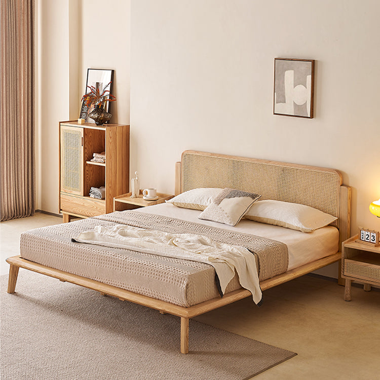 Handcrafted Ash Wood Bed with Elegant Rattan Headboard - Natural Finish hjhms-1562