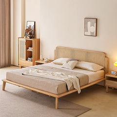 Handcrafted Ash Wood Bed with Elegant Rattan Headboard - Natural Finish hjhms-1562