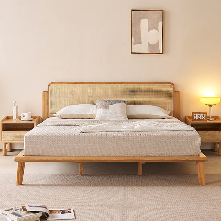 Handcrafted Ash Wood Bed with Elegant Rattan Headboard - Natural Finish hjhms-1562