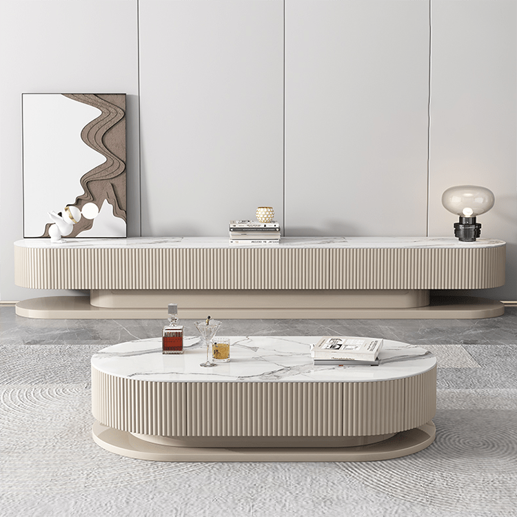 Elegant White & Khaki TV Cabinet with Sintered Stone Top and Pine Wood Frame hjl-1176