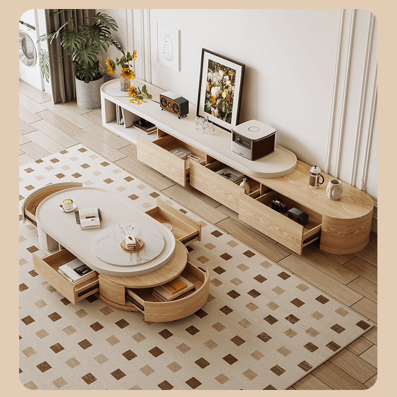 White Natural Sintered Stone Tea Table with Pine Wood Base hjl-1217